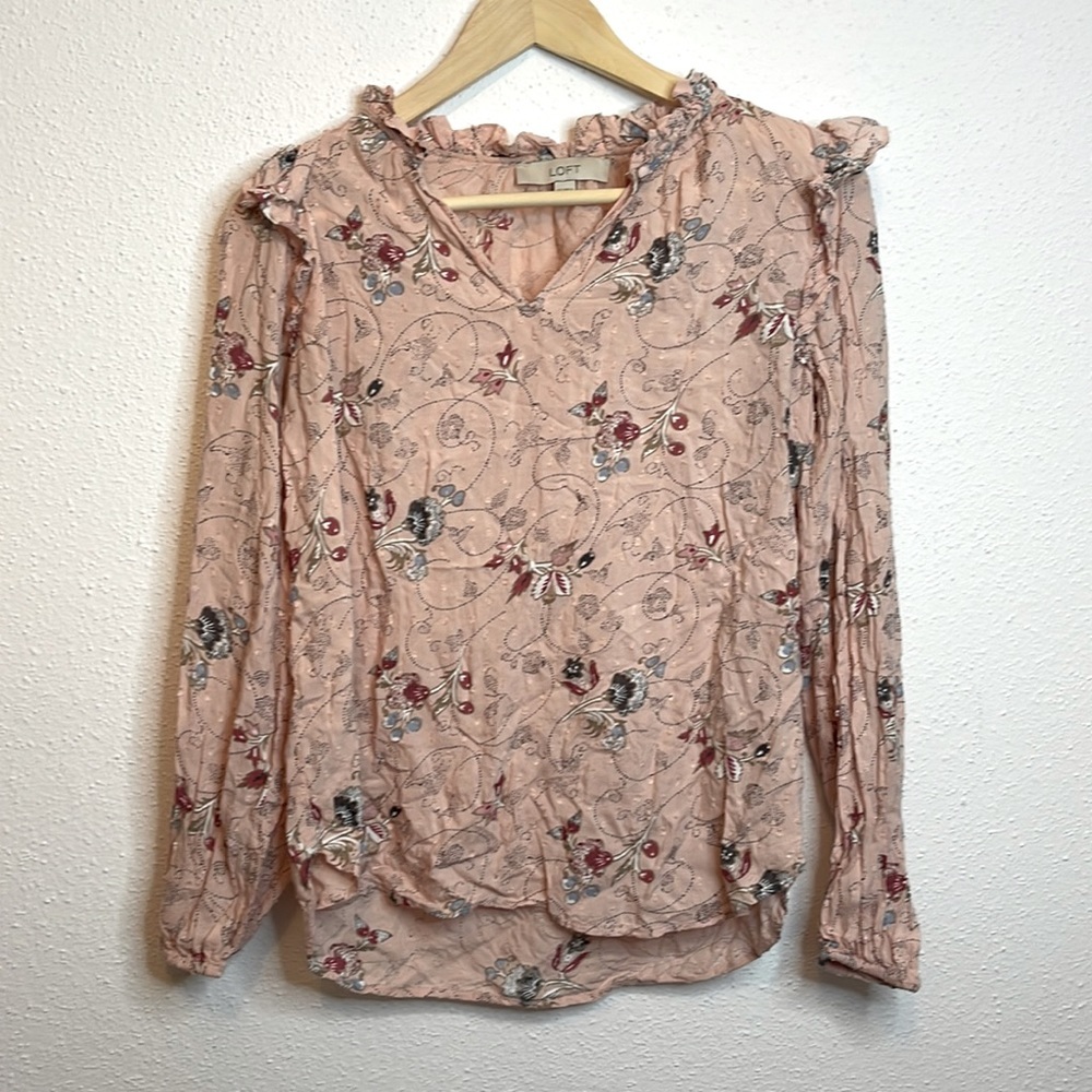 Loft Floral/Ruffle Long Sleeve Shirt Size XS - Picture 1 of 4